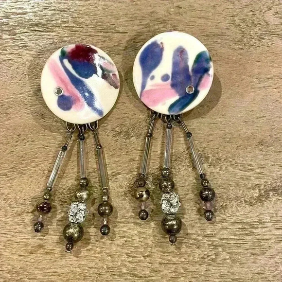 ceramic 80s earrings, ceramic base with rhinestone dangle - Picture 1 of 4
